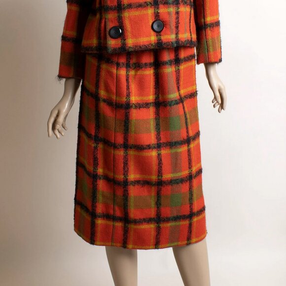 Vintage 1960s Plaid Skirt & Jacket Coat Set Vest Orange Green Vogue Paris 60s - Picture 7 of 11
